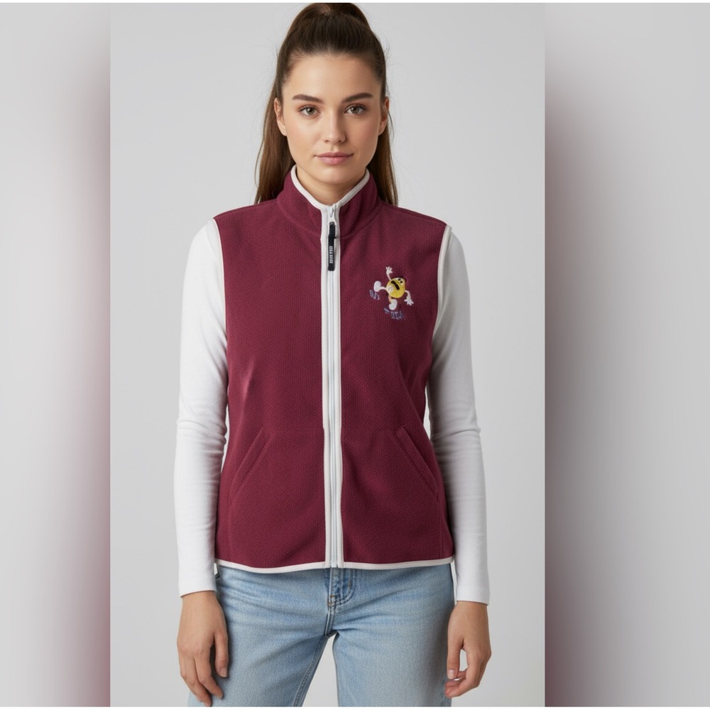 Vintage M&M Fleece Vest Graphic Print Burgundy full‎ Zip mock neck novelty 22-24